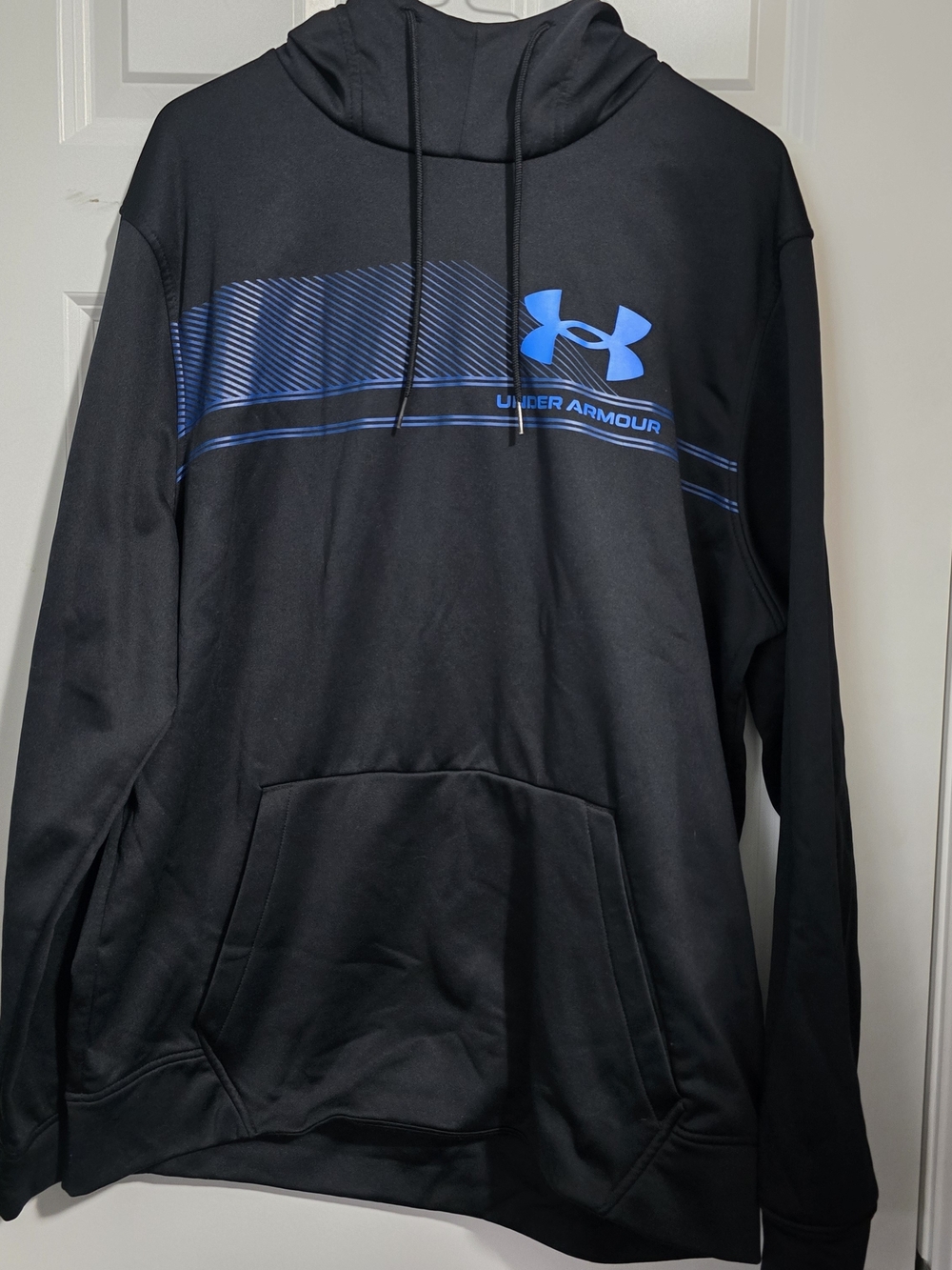 Under Armour Black Pullover Hoodie with Blue Logo and Stripe